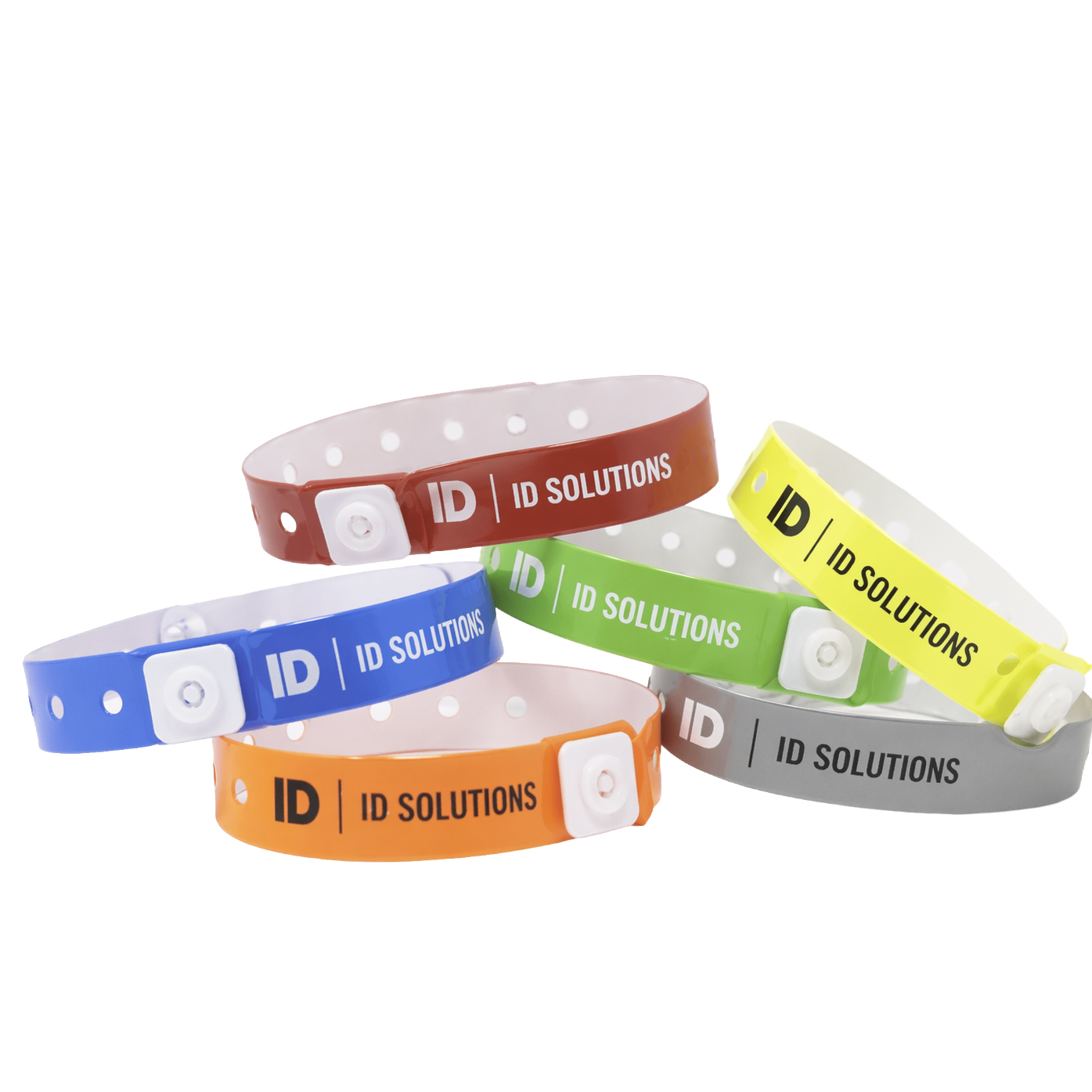 Custom printed L-shape vinyl wristbands with ID Solutions branding