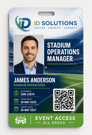 Large format stadium operations manager ID card with QR code and event access panel