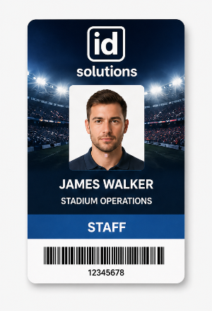 Blue large format staff ID card with photo and barcode