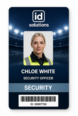 Large format security officer ID card with photo, barcode and security panel